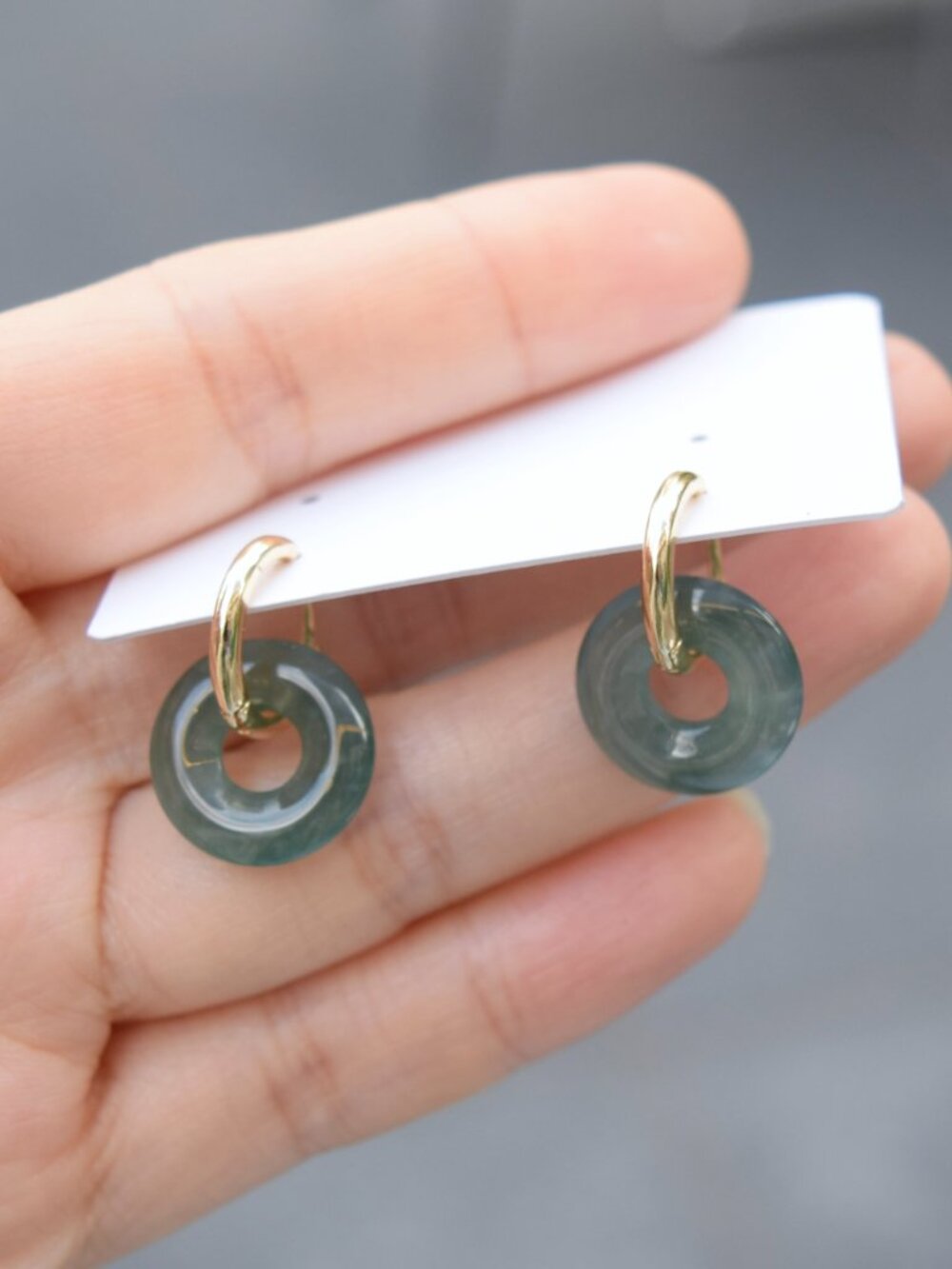 Chinese Donut Hoop Earrings - Blue Water Jadeite 藍水翡翠